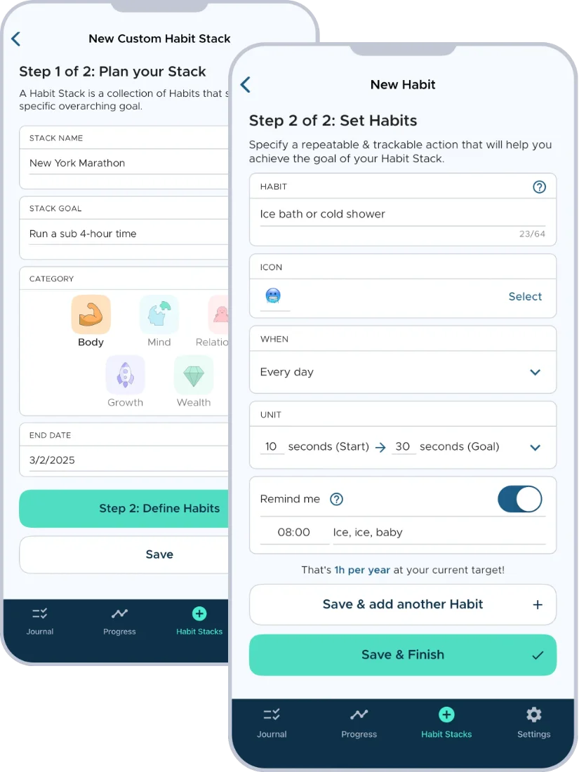 Image of the glue App Screen for setting Habit Stacks, defining habits, setting units, frequency, reminders, and smart, dynamic targets for motivation